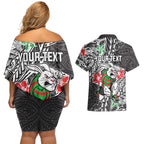 Personalised South Sydney Rabbitohs Couples Matching Off Shoulder Short Dress and Hawaiian Shirt Polynesian Tribal Pattern With Rugby Rabbit Mascot Art