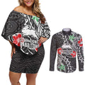 Personalised South Sydney Rabbitohs Couples Matching Off Shoulder Short Dress and Long Sleeve Button Shirt Polynesian Tribal Pattern With Rugby Rabbit Mascot Art