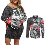 Personalised South Sydney Rabbitohs Couples Matching Off Shoulder Short Dress and Long Sleeve Button Shirt Polynesian Tribal Pattern With Rugby Rabbit Mascot Art