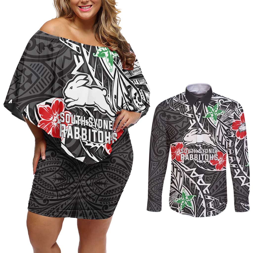 Personalised South Sydney Rabbitohs Couples Matching Off Shoulder Short Dress and Long Sleeve Button Shirt Polynesian Tribal Pattern With Rugby Rabbit Mascot Art