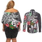 Personalised South Sydney Rabbitohs Couples Matching Off Shoulder Short Dress and Long Sleeve Button Shirt Polynesian Tribal Pattern With Rugby Rabbit Mascot Art