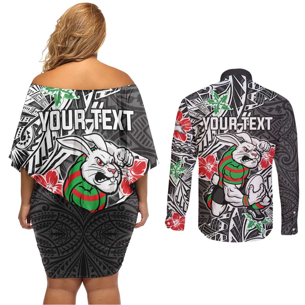 Personalised South Sydney Rabbitohs Couples Matching Off Shoulder Short Dress and Long Sleeve Button Shirt Polynesian Tribal Pattern With Rugby Rabbit Mascot Art