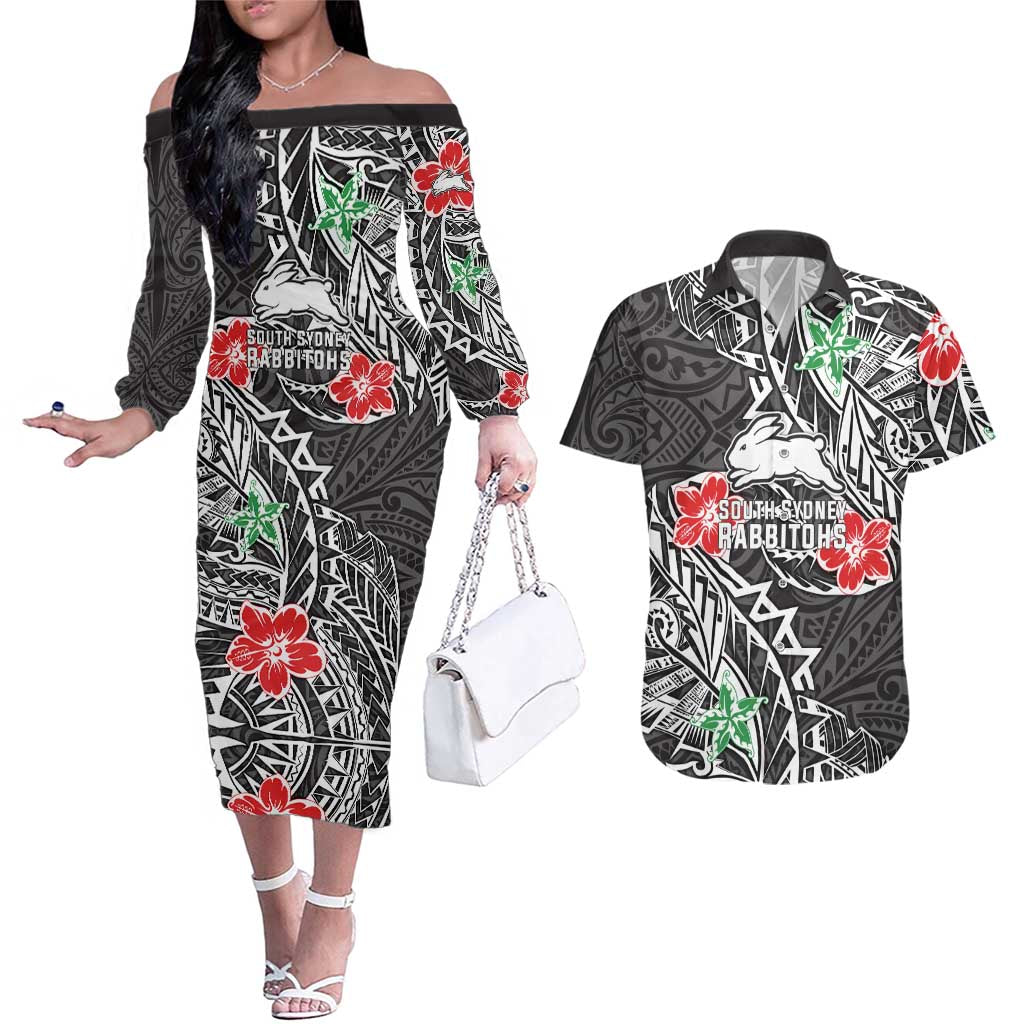 Personalised South Sydney Rabbitohs Couples Matching Off The Shoulder Long Sleeve Dress and Hawaiian Shirt Polynesian Tribal Pattern With Rugby Rabbit Mascot Art