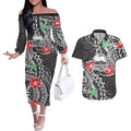 Personalised South Sydney Rabbitohs Couples Matching Off The Shoulder Long Sleeve Dress and Hawaiian Shirt Polynesian Tribal Pattern With Rugby Rabbit Mascot Art