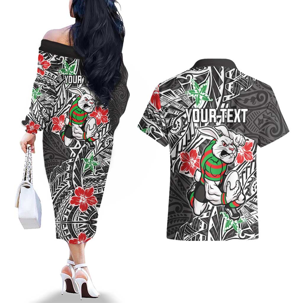 Personalised South Sydney Rabbitohs Couples Matching Off The Shoulder Long Sleeve Dress and Hawaiian Shirt Polynesian Tribal Pattern With Rugby Rabbit Mascot Art