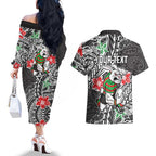 Personalised South Sydney Rabbitohs Couples Matching Off The Shoulder Long Sleeve Dress and Hawaiian Shirt Polynesian Tribal Pattern With Rugby Rabbit Mascot Art