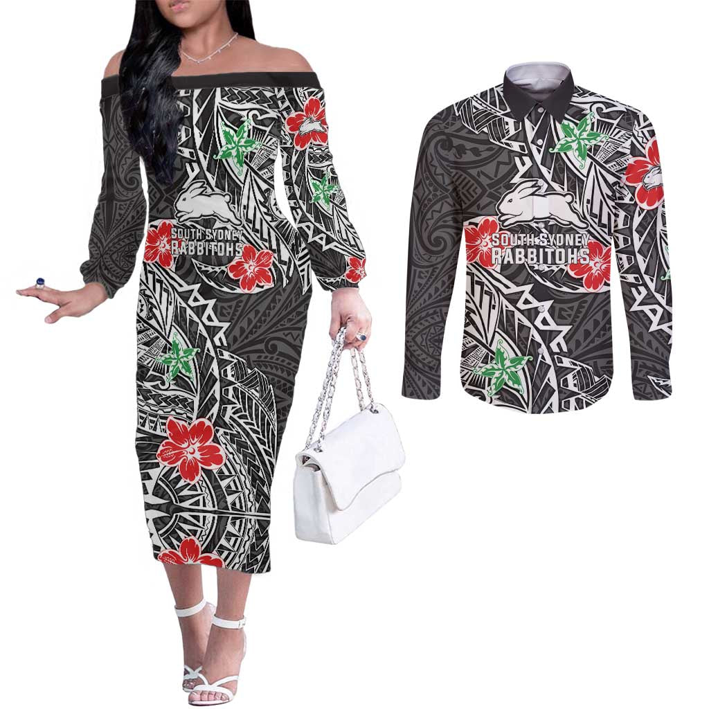 Personalised South Sydney Rabbitohs Couples Matching Off The Shoulder Long Sleeve Dress and Long Sleeve Button Shirt Polynesian Tribal Pattern With Rugby Rabbit Mascot Art