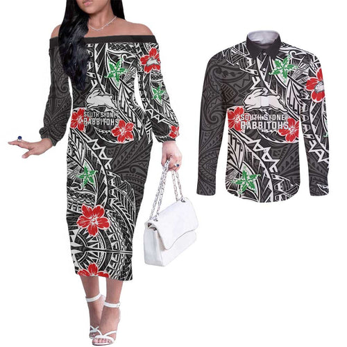 Personalised South Sydney Rabbitohs Couples Matching Off The Shoulder Long Sleeve Dress and Long Sleeve Button Shirt Polynesian Tribal Pattern With Rugby Rabbit Mascot Art