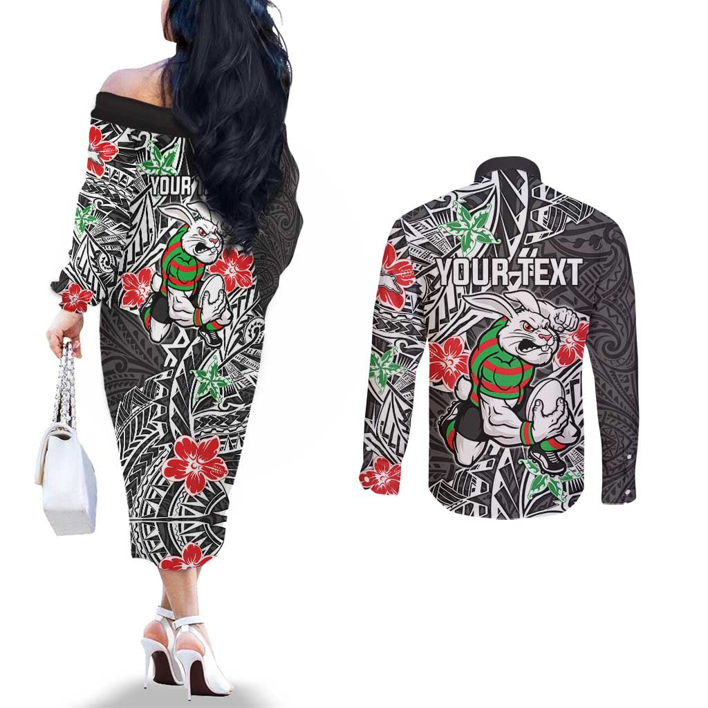 Personalised South Sydney Rabbitohs Couples Matching Off The Shoulder Long Sleeve Dress and Long Sleeve Button Shirt Polynesian Tribal Pattern With Rugby Rabbit Mascot Art