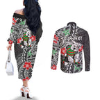 Personalised South Sydney Rabbitohs Couples Matching Off The Shoulder Long Sleeve Dress and Long Sleeve Button Shirt Polynesian Tribal Pattern With Rugby Rabbit Mascot Art