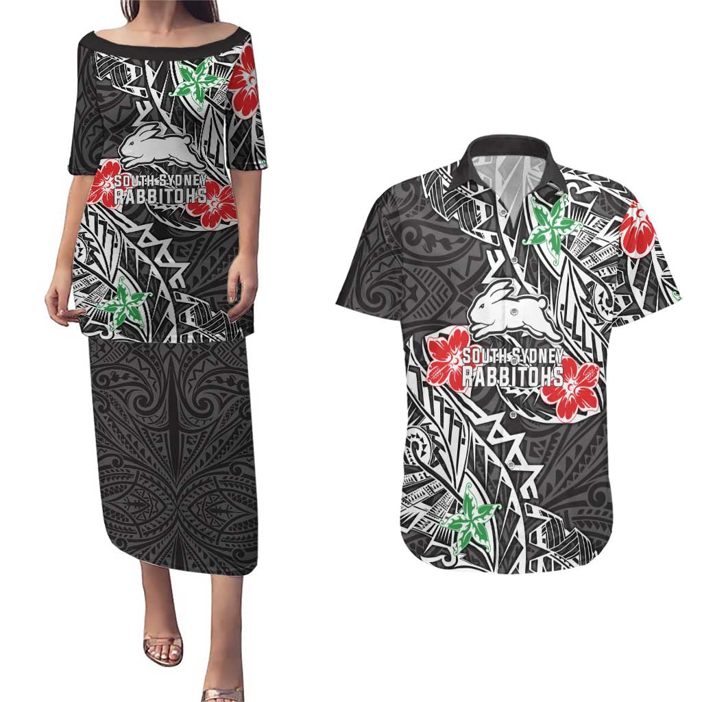 Personalised South Sydney Rabbitohs Couples Matching Puletasi and Hawaiian Shirt Polynesian Tribal Pattern With Rugby Rabbit Mascot Art