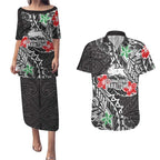 Personalised South Sydney Rabbitohs Couples Matching Puletasi and Hawaiian Shirt Polynesian Tribal Pattern With Rugby Rabbit Mascot Art
