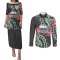Personalised South Sydney Rabbitohs Couples Matching Puletasi and Long Sleeve Button Shirt Polynesian Tribal Pattern With Rugby Rabbit Mascot Art
