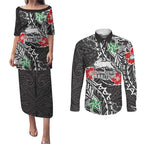 Personalised South Sydney Rabbitohs Couples Matching Puletasi and Long Sleeve Button Shirt Polynesian Tribal Pattern With Rugby Rabbit Mascot Art