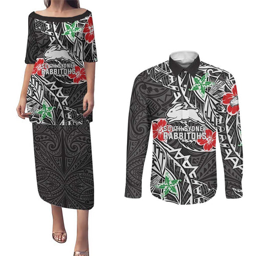Personalised South Sydney Rabbitohs Couples Matching Puletasi and Long Sleeve Button Shirt Polynesian Tribal Pattern With Rugby Rabbit Mascot Art