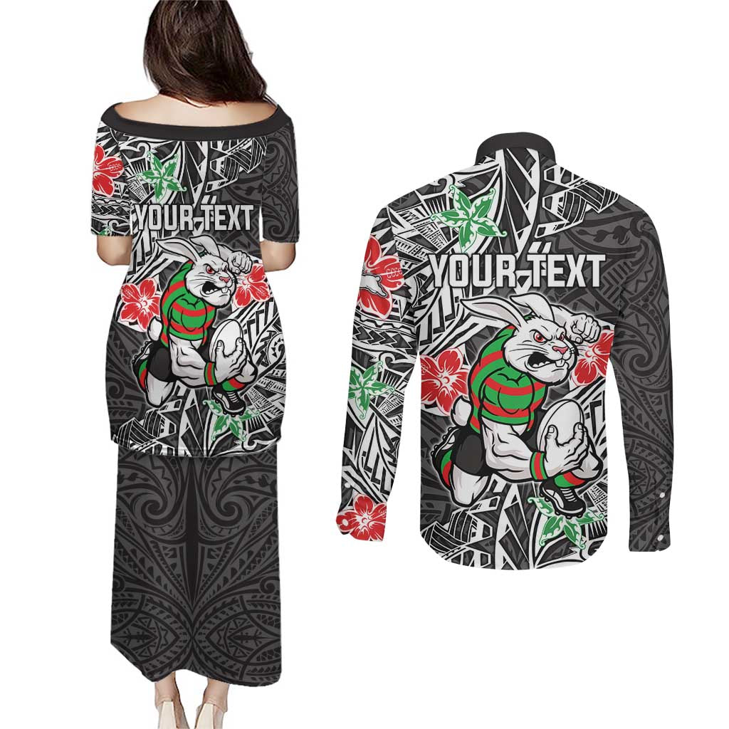 Personalised South Sydney Rabbitohs Couples Matching Puletasi and Long Sleeve Button Shirt Polynesian Tribal Pattern With Rugby Rabbit Mascot Art