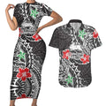 Personalised South Sydney Rabbitohs Couples Matching Short Sleeve Bodycon Dress and Hawaiian Shirt Polynesian Tribal Pattern With Rugby Rabbit Mascot Art