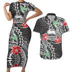 Personalised South Sydney Rabbitohs Couples Matching Short Sleeve Bodycon Dress and Hawaiian Shirt Polynesian Tribal Pattern With Rugby Rabbit Mascot Art