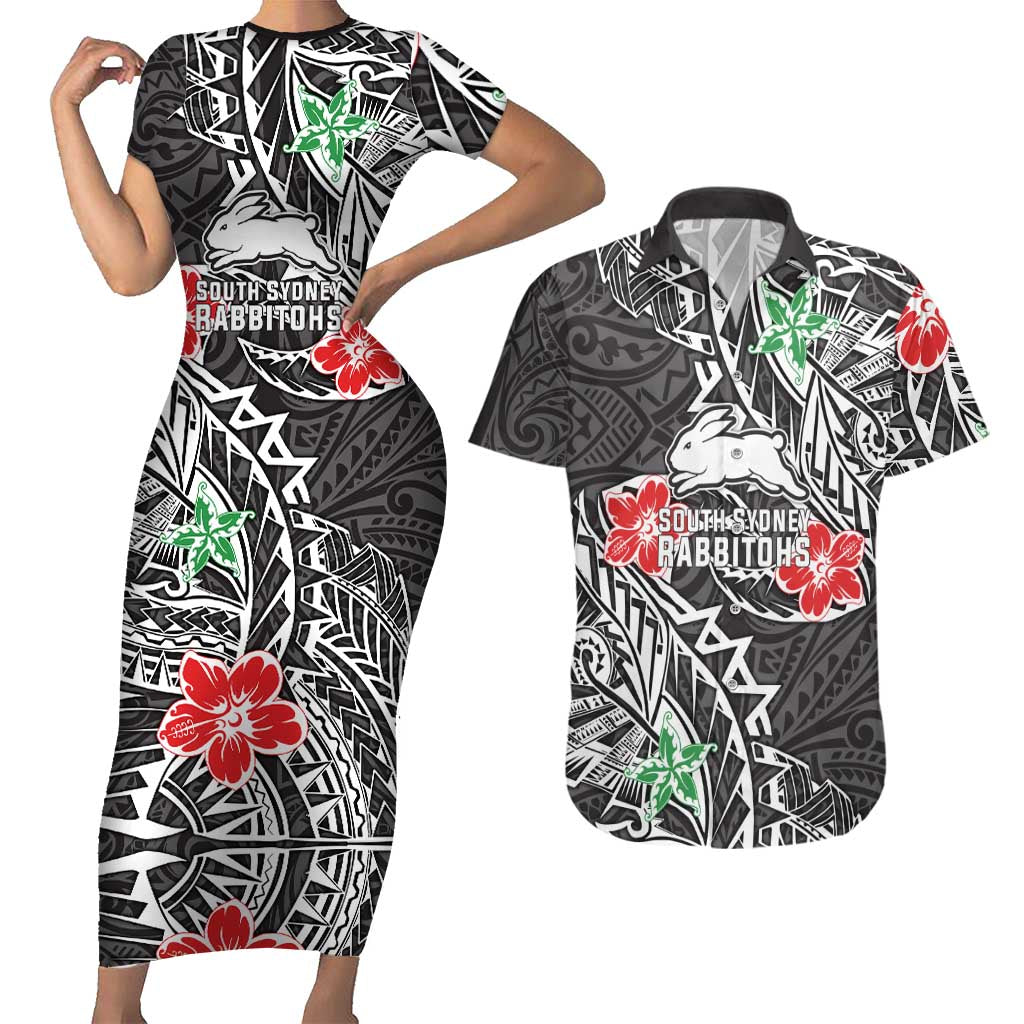Personalised South Sydney Rabbitohs Couples Matching Short Sleeve Bodycon Dress and Hawaiian Shirt Polynesian Tribal Pattern With Rugby Rabbit Mascot Art
