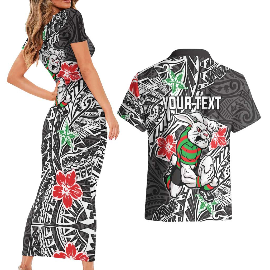 Personalised South Sydney Rabbitohs Couples Matching Short Sleeve Bodycon Dress and Hawaiian Shirt Polynesian Tribal Pattern With Rugby Rabbit Mascot Art