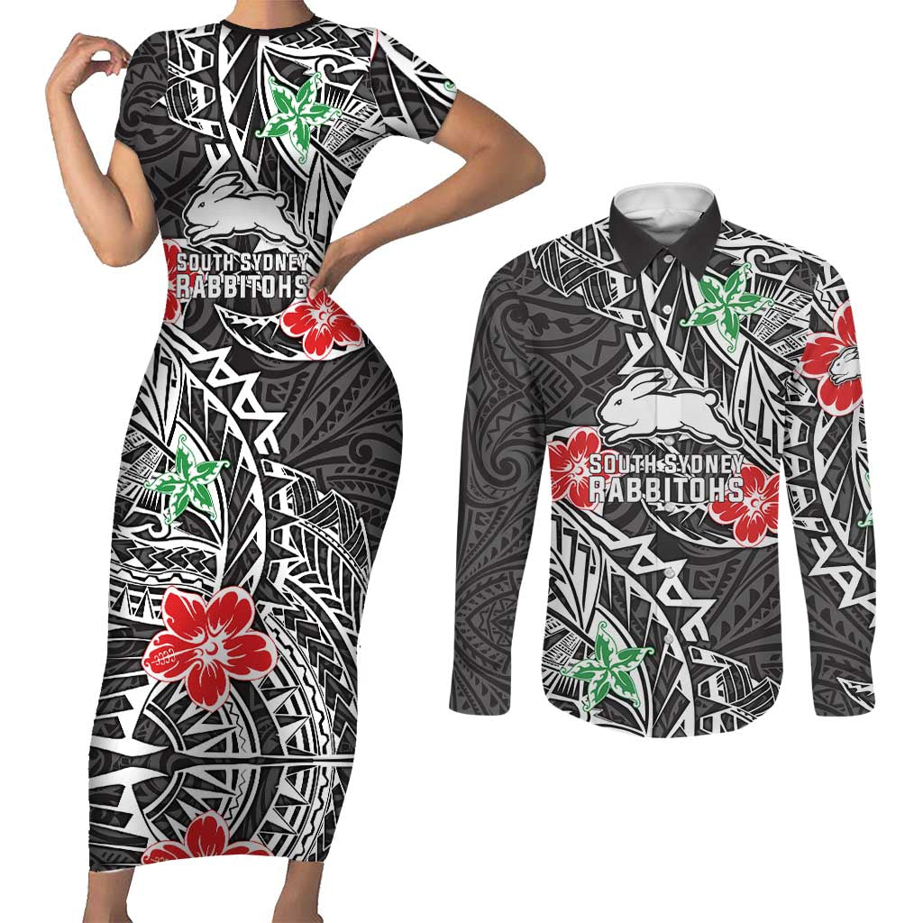 Personalised South Sydney Rabbitohs Couples Matching Short Sleeve Bodycon Dress and Long Sleeve Button Shirt Polynesian Tribal Pattern With Rugby Rabbit Mascot Art