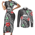 Personalised South Sydney Rabbitohs Couples Matching Short Sleeve Bodycon Dress and Long Sleeve Button Shirt Polynesian Tribal Pattern With Rugby Rabbit Mascot Art