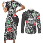 Personalised South Sydney Rabbitohs Couples Matching Short Sleeve Bodycon Dress and Long Sleeve Button Shirt Polynesian Tribal Pattern With Rugby Rabbit Mascot Art
