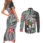 Personalised South Sydney Rabbitohs Couples Matching Short Sleeve Bodycon Dress and Long Sleeve Button Shirt Polynesian Tribal Pattern With Rugby Rabbit Mascot Art