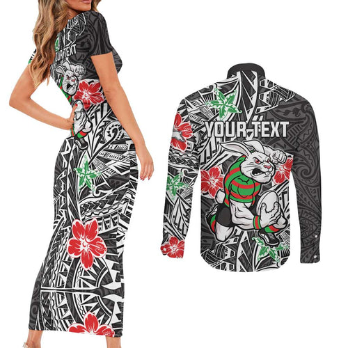 Personalised South Sydney Rabbitohs Couples Matching Short Sleeve Bodycon Dress and Long Sleeve Button Shirt Polynesian Tribal Pattern With Rugby Rabbit Mascot Art