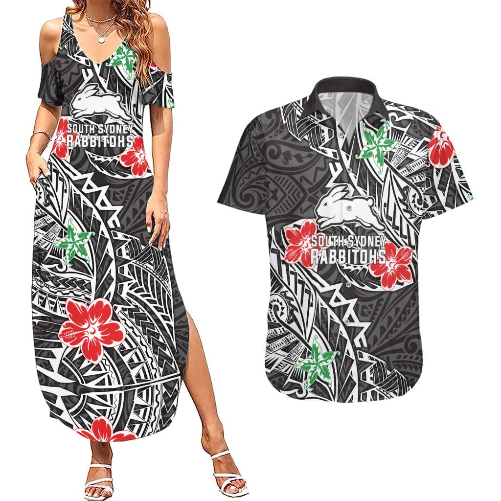 Personalised South Sydney Rabbitohs Couples Matching Summer Maxi Dress and Hawaiian Shirt Polynesian Tribal Pattern With Rugby Rabbit Mascot Art
