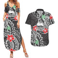 Personalised South Sydney Rabbitohs Couples Matching Summer Maxi Dress and Hawaiian Shirt Polynesian Tribal Pattern With Rugby Rabbit Mascot Art