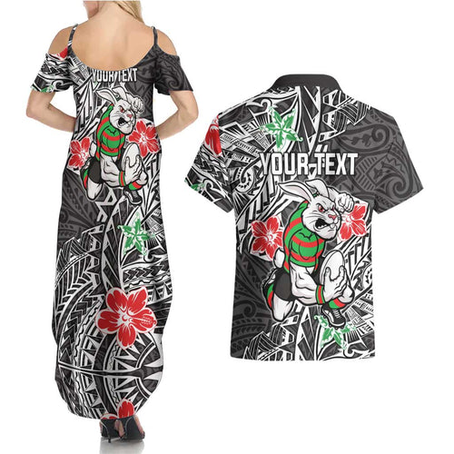 Personalised South Sydney Rabbitohs Couples Matching Summer Maxi Dress and Hawaiian Shirt Polynesian Tribal Pattern With Rugby Rabbit Mascot Art