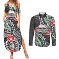 Personalised South Sydney Rabbitohs Couples Matching Summer Maxi Dress and Long Sleeve Button Shirt Polynesian Tribal Pattern With Rugby Rabbit Mascot Art