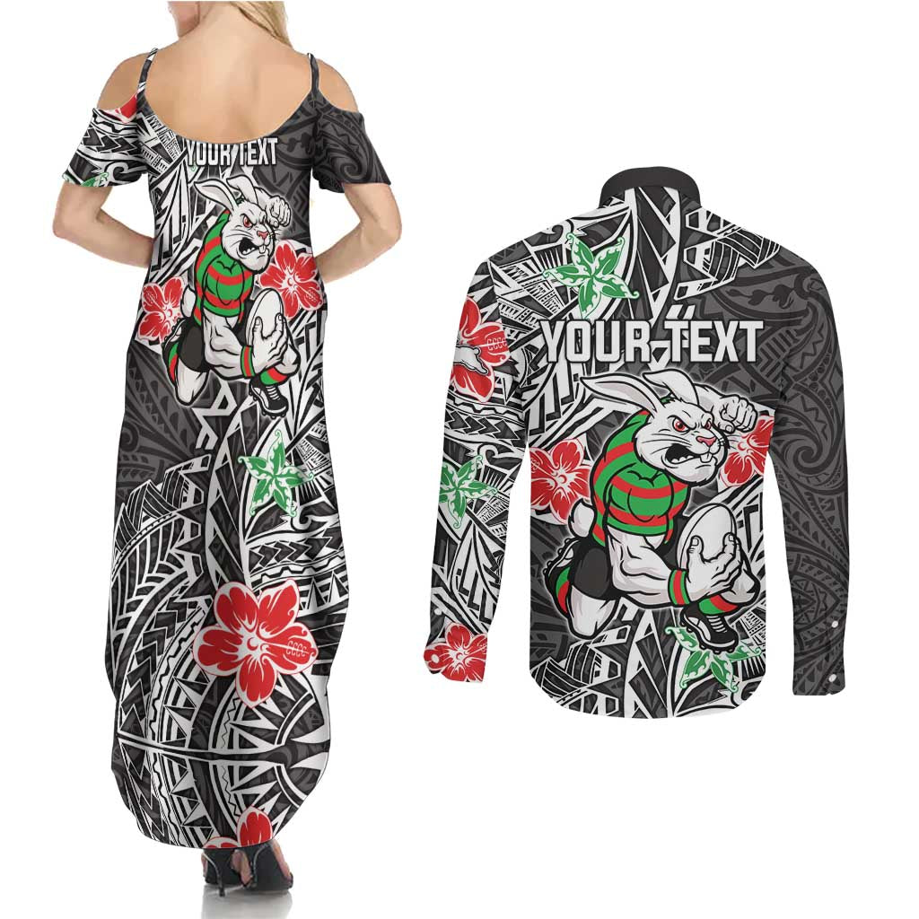 Personalised South Sydney Rabbitohs Couples Matching Summer Maxi Dress and Long Sleeve Button Shirt Polynesian Tribal Pattern With Rugby Rabbit Mascot Art