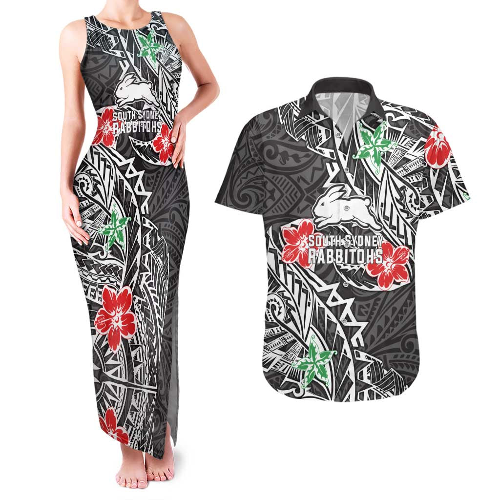 Personalised South Sydney Rabbitohs Couples Matching Tank Maxi Dress and Hawaiian Shirt Polynesian Tribal Pattern With Rugby Rabbit Mascot Art