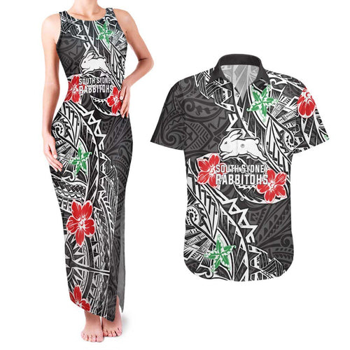 Personalised South Sydney Rabbitohs Couples Matching Tank Maxi Dress and Hawaiian Shirt Polynesian Tribal Pattern With Rugby Rabbit Mascot Art