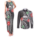 Personalised South Sydney Rabbitohs Couples Matching Tank Maxi Dress and Long Sleeve Button Shirt Polynesian Tribal Pattern With Rugby Rabbit Mascot Art