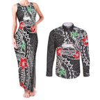 Personalised South Sydney Rabbitohs Couples Matching Tank Maxi Dress and Long Sleeve Button Shirt Polynesian Tribal Pattern With Rugby Rabbit Mascot Art