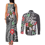 Personalised South Sydney Rabbitohs Couples Matching Tank Maxi Dress and Long Sleeve Button Shirt Polynesian Tribal Pattern With Rugby Rabbit Mascot Art