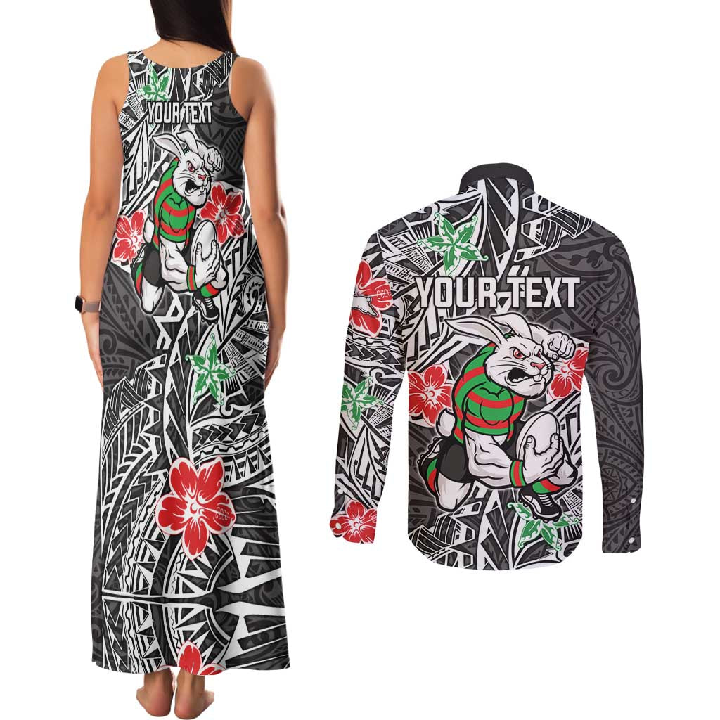 Personalised South Sydney Rabbitohs Couples Matching Tank Maxi Dress and Long Sleeve Button Shirt Polynesian Tribal Pattern With Rugby Rabbit Mascot Art