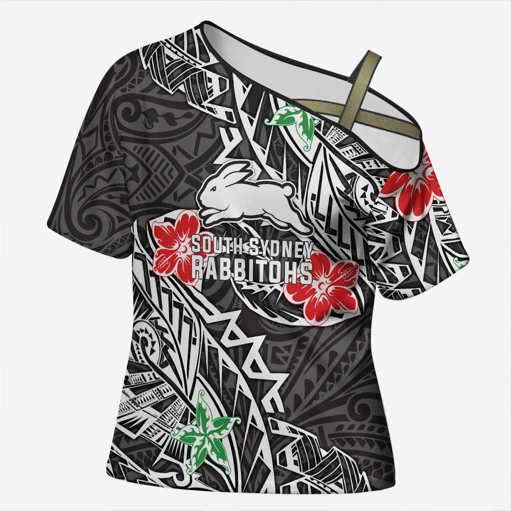 Personalised South Sydney Rabbitohs Cross Shoulder Shirt Polynesian Tribal Pattern With Rugby Rabbit Mascot Art