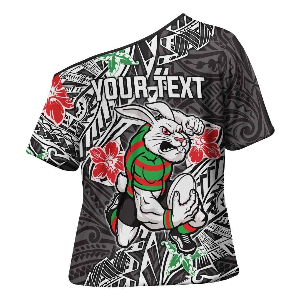Personalised South Sydney Rabbitohs Cross Shoulder Shirt Polynesian Tribal Pattern With Rugby Rabbit Mascot Art