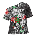 Personalised South Sydney Rabbitohs Cross Shoulder Shirt Polynesian Tribal Pattern With Rugby Rabbit Mascot Art