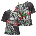 Personalised South Sydney Rabbitohs Cross Shoulder Shirt Polynesian Tribal Pattern With Rugby Rabbit Mascot Art