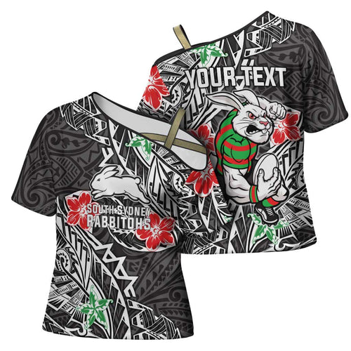 Personalised South Sydney Rabbitohs Cross Shoulder Shirt Polynesian Tribal Pattern With Rugby Rabbit Mascot Art