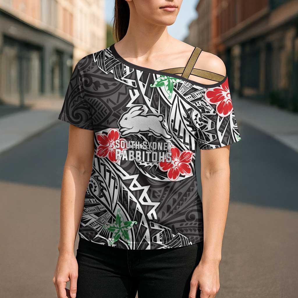 Personalised South Sydney Rabbitohs Cross Shoulder Shirt Polynesian Tribal Pattern With Rugby Rabbit Mascot Art