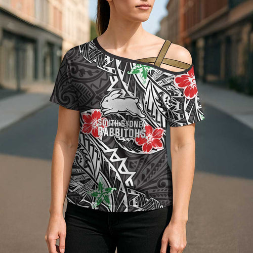 Personalised South Sydney Rabbitohs Cross Shoulder Shirt Polynesian Tribal Pattern With Rugby Rabbit Mascot Art