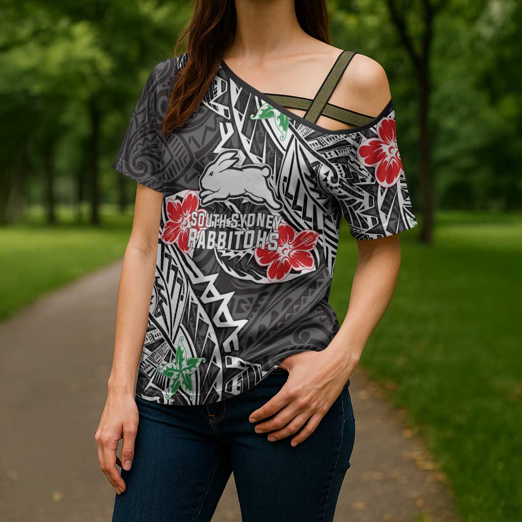 Personalised South Sydney Rabbitohs Cross Shoulder Shirt Polynesian Tribal Pattern With Rugby Rabbit Mascot Art