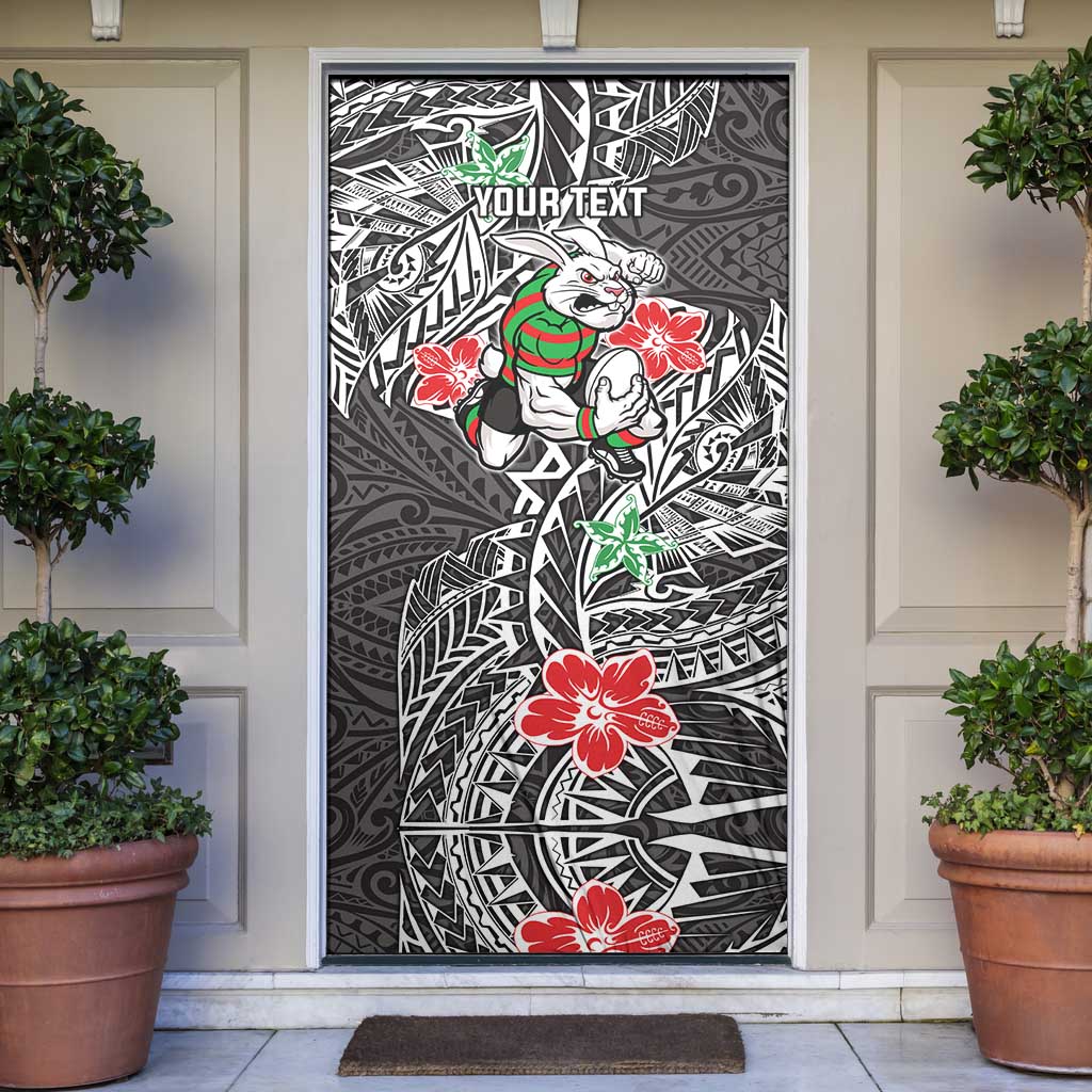 Personalised South Sydney Rabbitohs Door Cover Polynesian Tribal Pattern With Rugby Rabbit Mascot Art