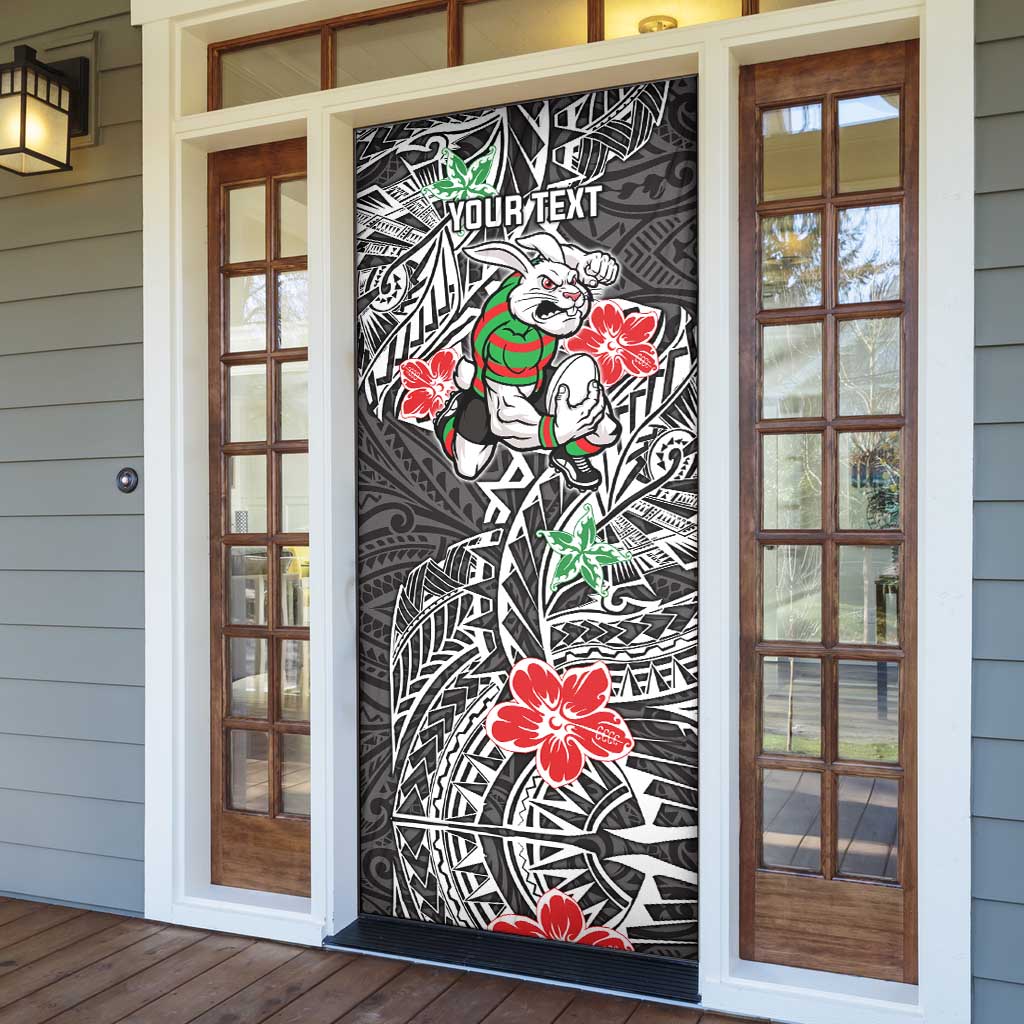 Personalised South Sydney Rabbitohs Door Cover Polynesian Tribal Pattern With Rugby Rabbit Mascot Art